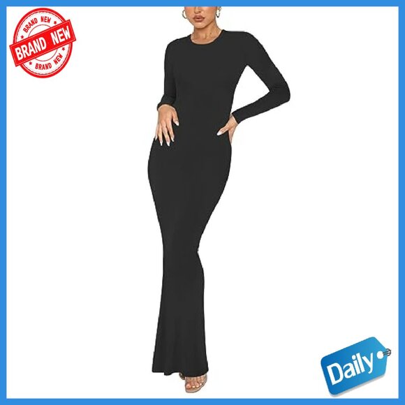 Long Sleeve Ribbed Maxi Dress Formal Bodycon Figure Flattering - Picture 2 of 7